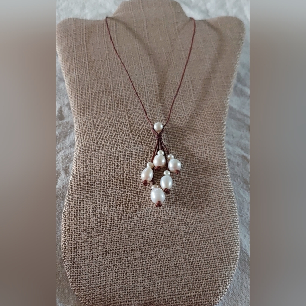 Handmade White Pearl & Brown Leather Necklace